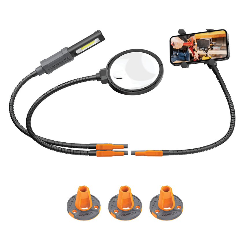 IQ Connect Hands-Free Accessory System including a magnifying glass, light, and phone holder