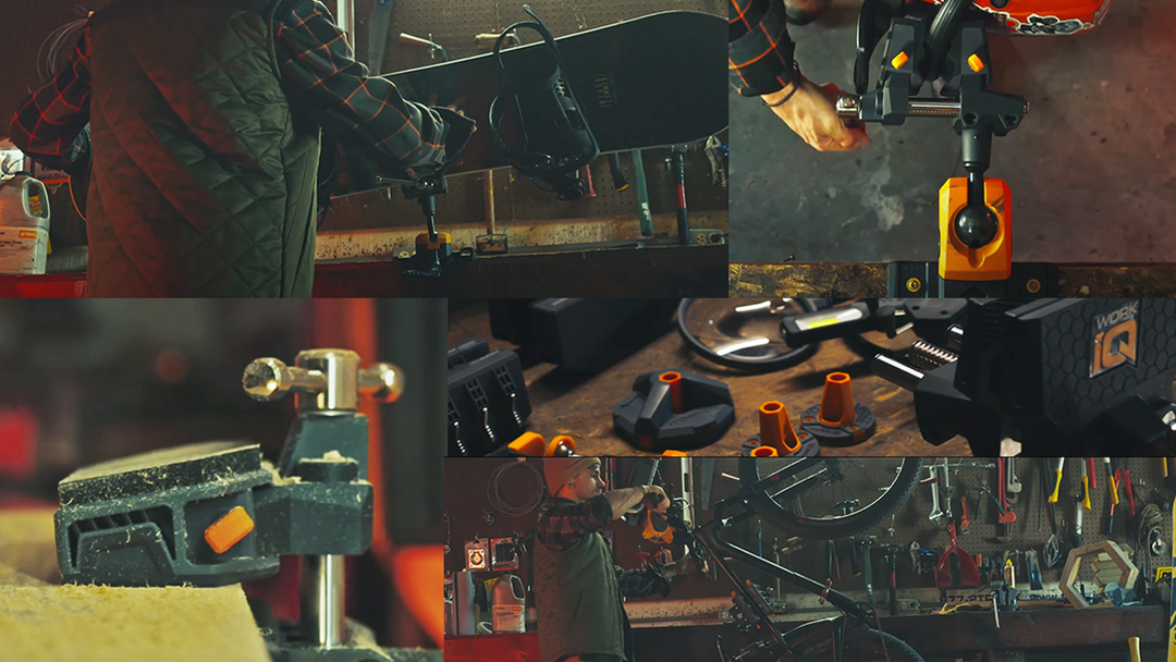 A person using a WorkIQ Vise System to hold a workpiece while using a screwdriver and a drill.